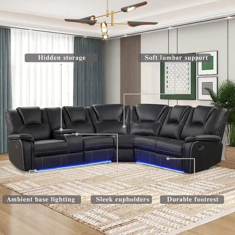 Modern Faux Leather Manual Reclining with Center Console with LED Light Strip,Living Room Furniture Set,PU Symmetrical Couch