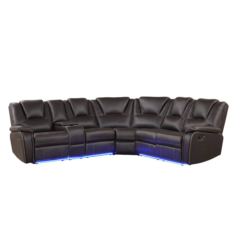 Modern Faux Leather Manual Reclining with Center Console with LED Light Strip,Living Room Furniture Set,PU Symmetrical Couch