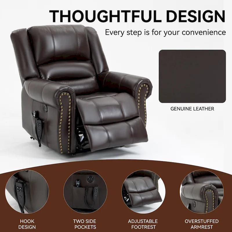 Genuine Leather Power Lift Recliner Chair with Massage and Lumbar Heat, USB Ports