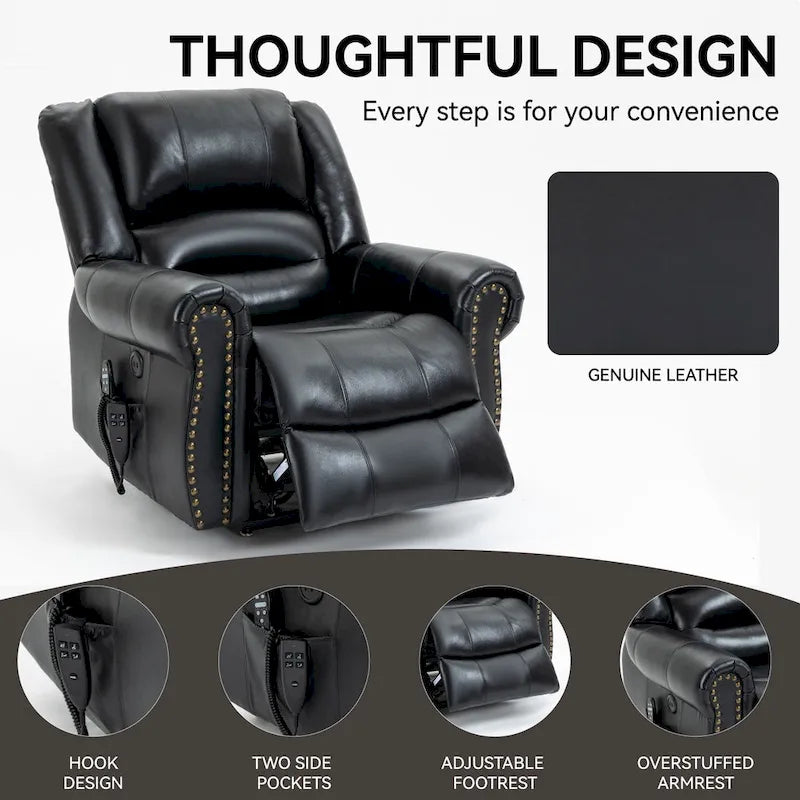 Genuine Leather Power Lift Recliner Chair with Massage and Lumbar Heat, USB Ports