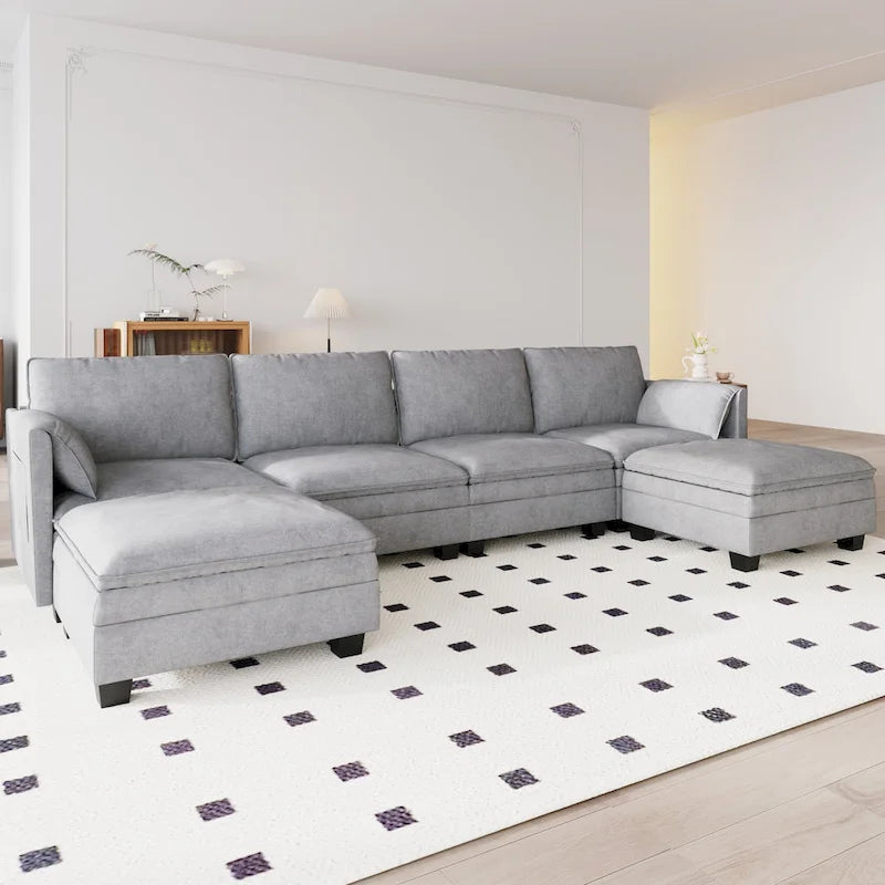 Christopher Knight Home - Noah 141.5 U-Shaped 6-Seater Sofa Couch with Movable Ottoman and Armrest Pockets, Fabric Upholstery