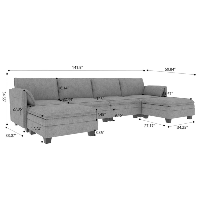 Christopher Knight Home - Noah 141.5 U-Shaped 6-Seater Sofa Couch with Movable Ottoman and Armrest Pockets, Fabric Upholstery