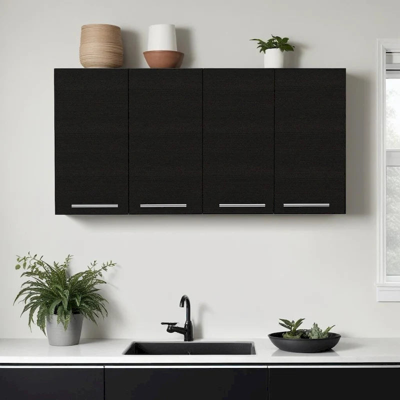 HomeRoots 47 Black Wood Wall Mounted Accent Cabinet With Four Doors