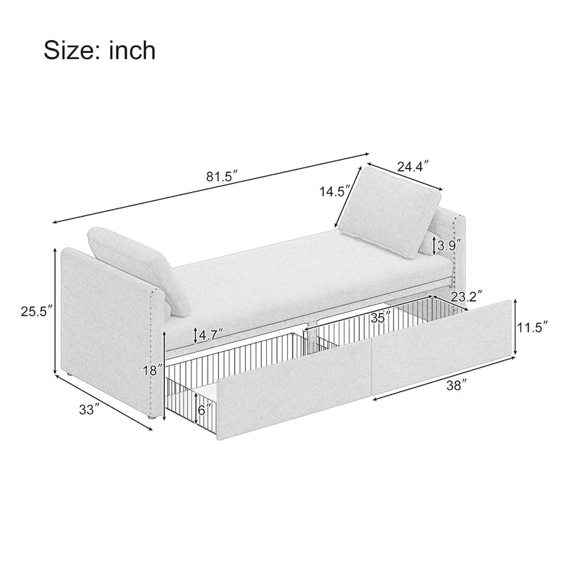 Roomfitters Upholstered Chaise Daybed with 2 Drawers and Pillows, Compact Lounger for Living Room, Linen Fabric