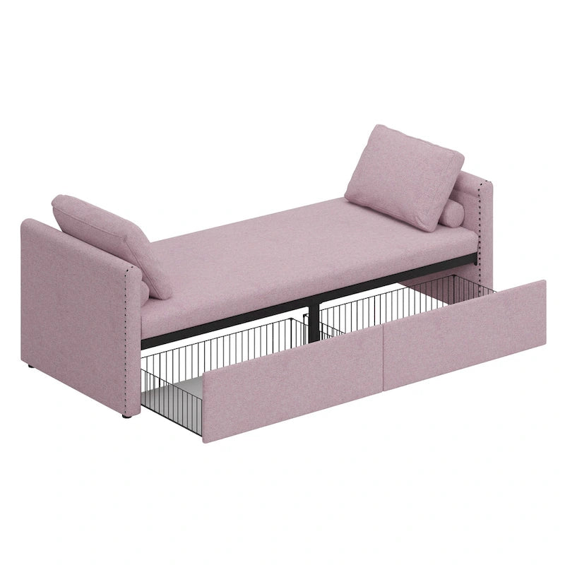 Roomfitters Upholstered Chaise Daybed with 2 Drawers and Pillows, Compact Lounger for Living Room, Linen Fabric