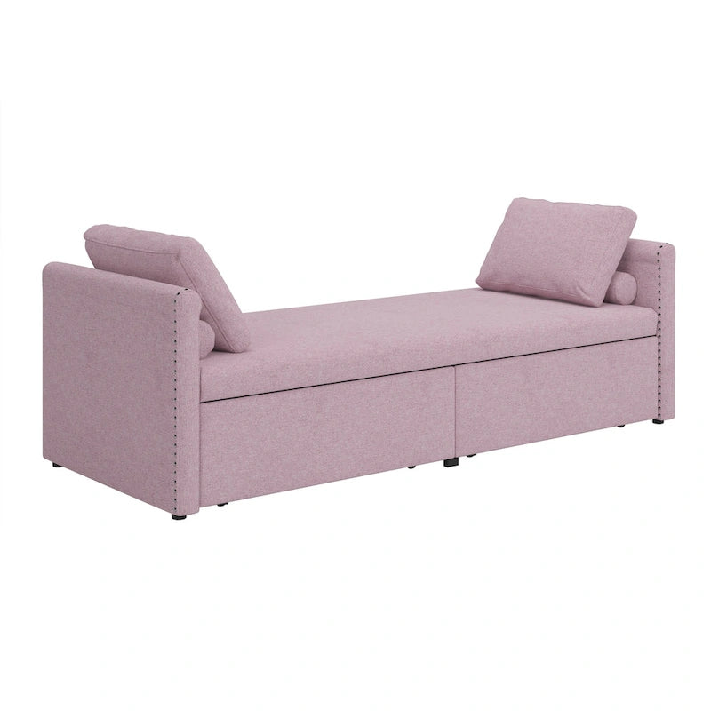 Roomfitters Upholstered Chaise Daybed with 2 Drawers and Pillows, Compact Lounger for Living Room, Linen Fabric