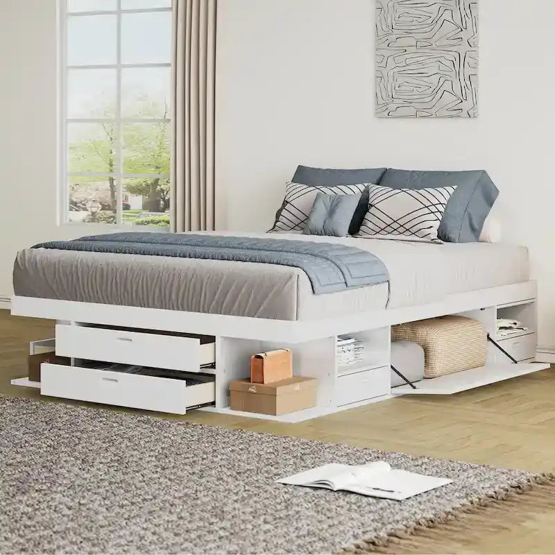 Roomfitters Queen Size Platform Bed, Storage Drawers, Open Shelves, No Box Spring Needed, White