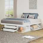 Roomfitters Queen Size Platform Bed, Storage Drawers, Open Shelves, No Box Spring Needed, White