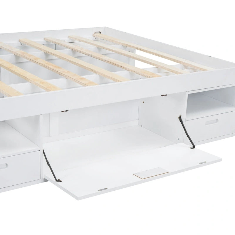 Roomfitters Queen Size Platform Bed, Storage Drawers, Open Shelves, No Box Spring Needed, White