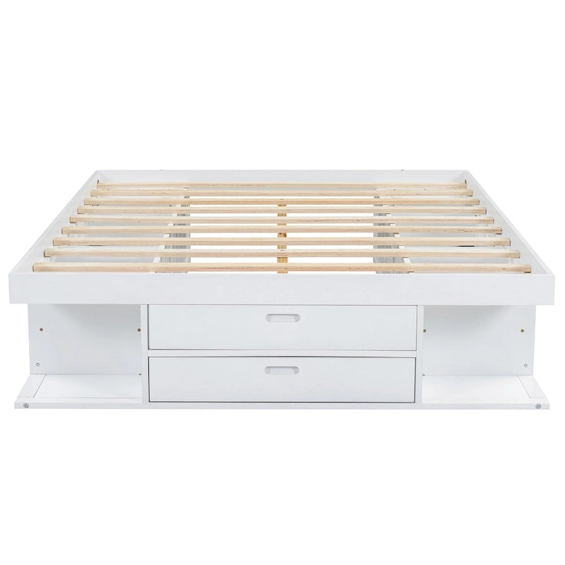 Roomfitters Queen Size Platform Bed, Storage Drawers, Open Shelves, No Box Spring Needed, White