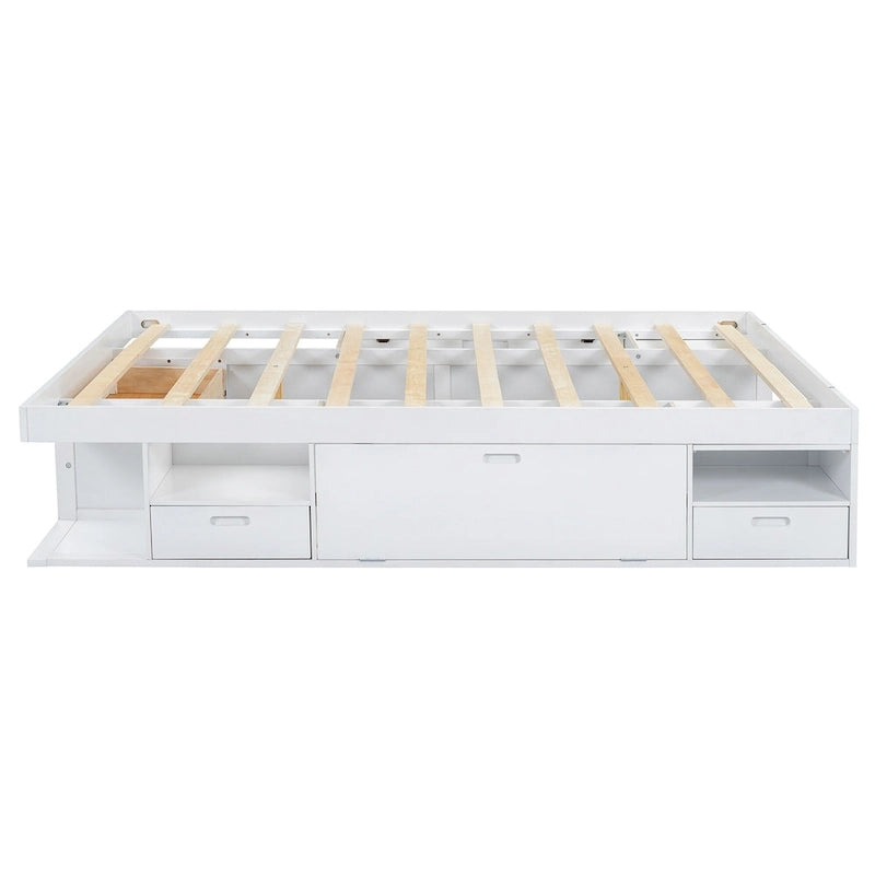 Roomfitters Queen Size Platform Bed, Storage Drawers, Open Shelves, No Box Spring Needed, White