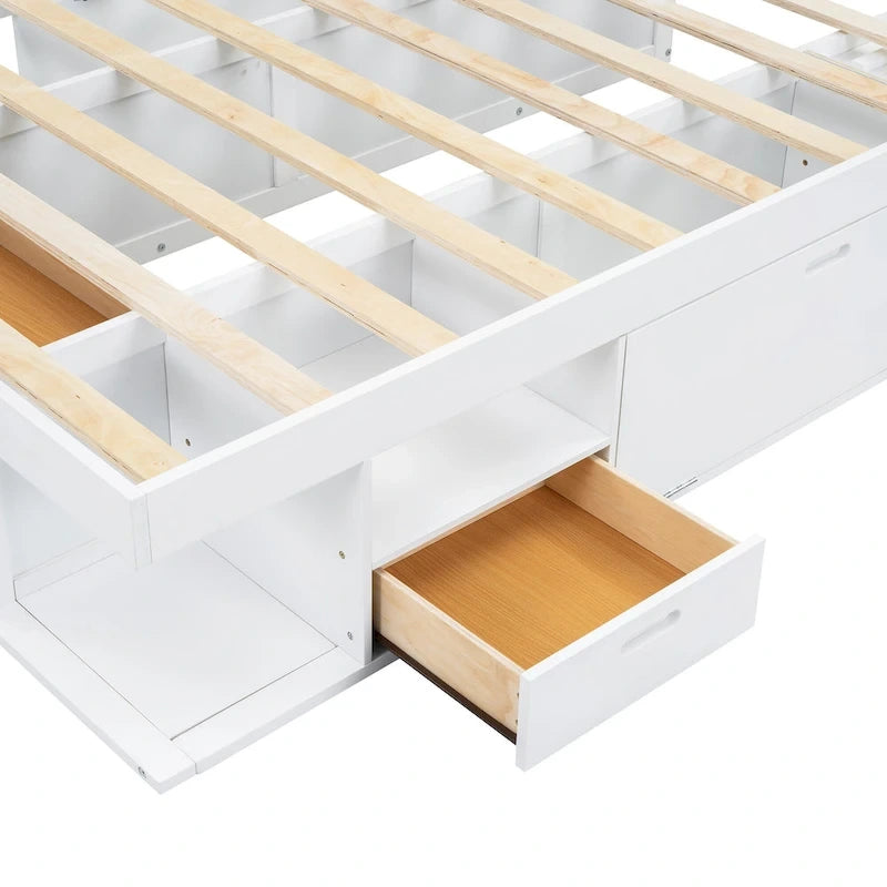 Roomfitters Queen Size Platform Bed, Storage Drawers, Open Shelves, No Box Spring Needed, White