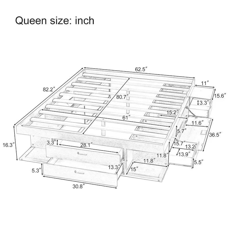 Roomfitters Queen Size Platform Bed, Storage Drawers, Open Shelves, No Box Spring Needed, White