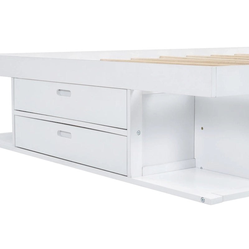 Roomfitters Queen Size Platform Bed, Storage Drawers, Open Shelves, No Box Spring Needed, White
