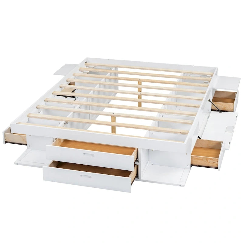Roomfitters Queen Size Platform Bed, Storage Drawers, Open Shelves, No Box Spring Needed, White