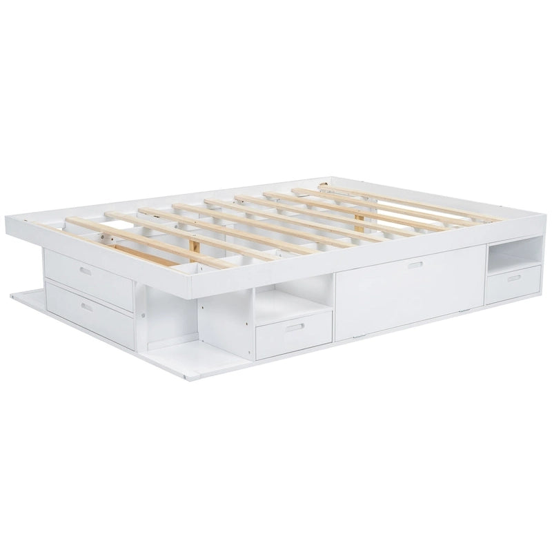 Roomfitters Queen Size Platform Bed, Storage Drawers, Open Shelves, No Box Spring Needed, White