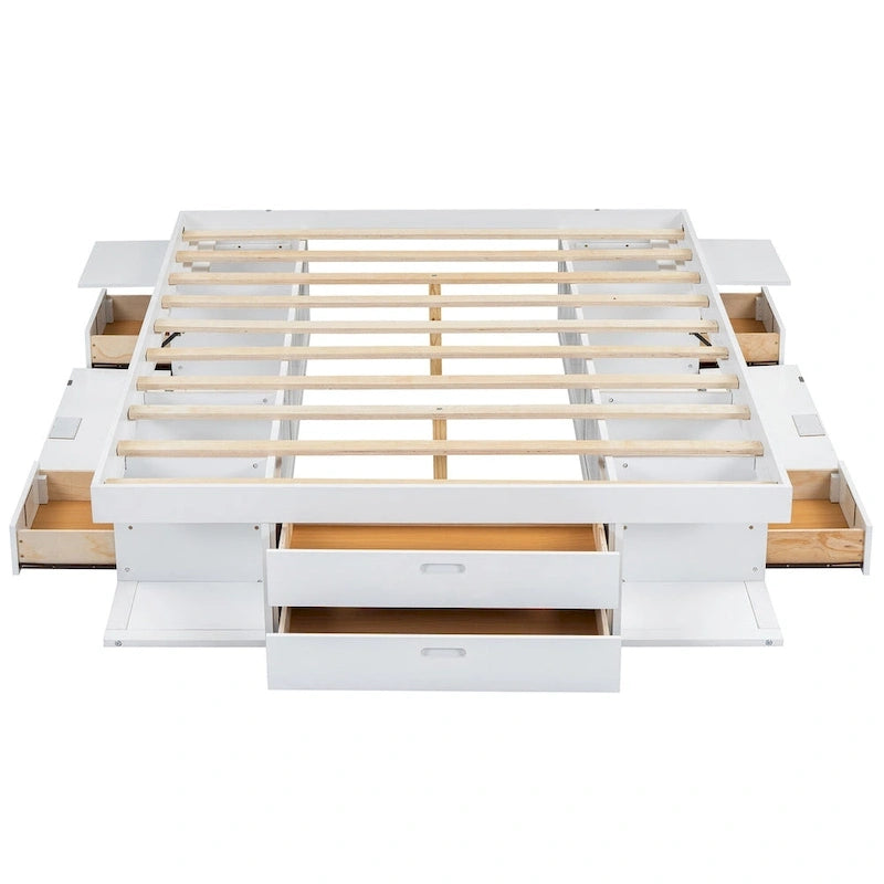Roomfitters Queen Size Platform Bed, Storage Drawers, Open Shelves, No Box Spring Needed, White