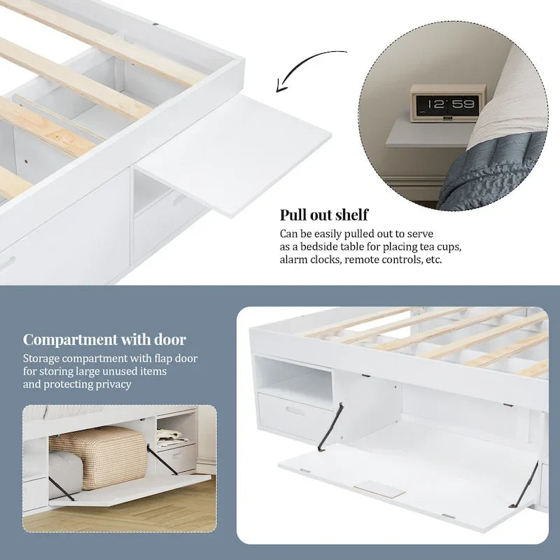 Roomfitters Queen Size Platform Bed, Storage Drawers, Open Shelves, No Box Spring Needed, White