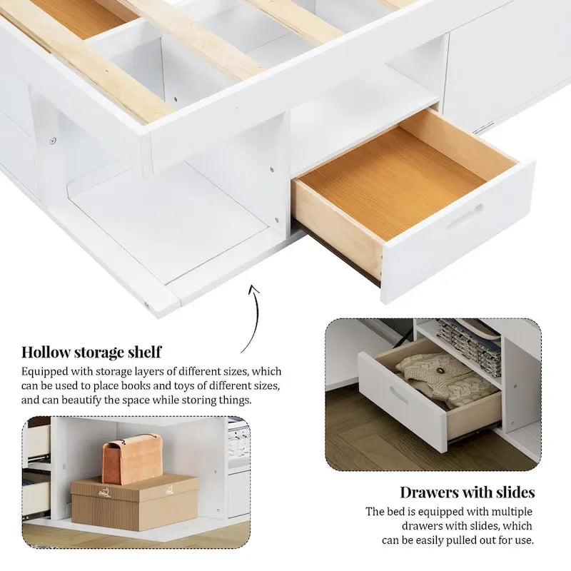 Roomfitters Queen Size Platform Bed, Storage Drawers, Open Shelves, No Box Spring Needed, White