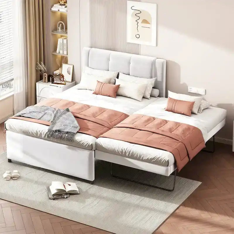Full Size Upholstery Platform Bed with Trundle,Trundle Can be Flat or Erected, Beige