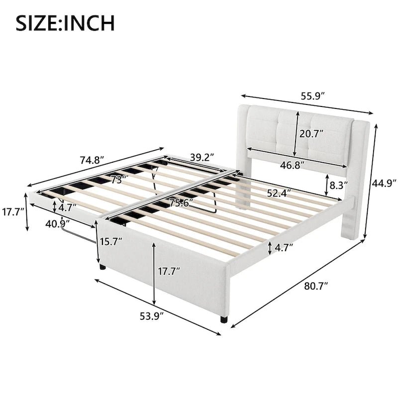 Full Size Upholstery Platform Bed with Trundle,Trundle Can be Flat or Erected, Beige