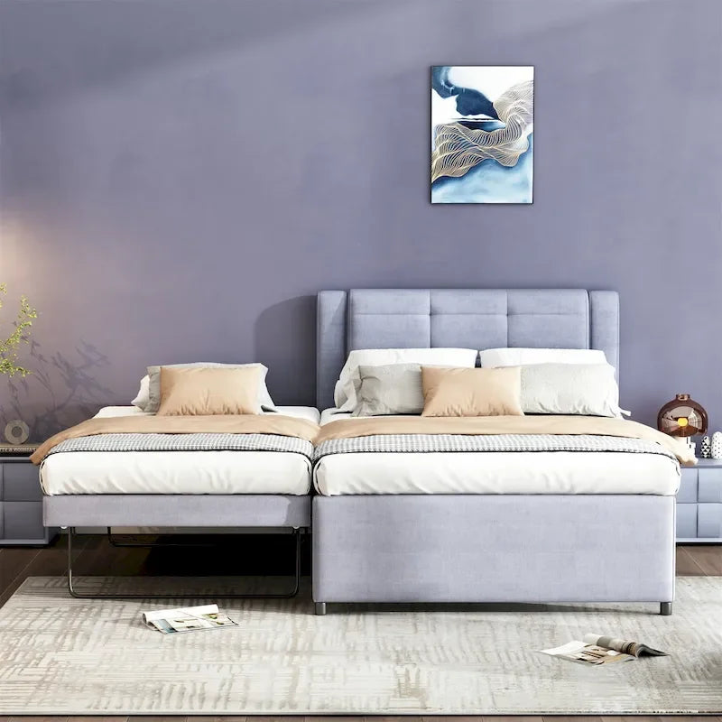 Full Size Upholstery Platform Bed with Trundle,Trundle Can be Flat or Erected, Beige