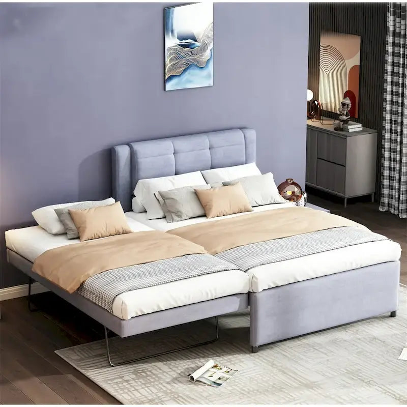 Full Size Upholstery Platform Bed with Trundle,Trundle Can be Flat or Erected, Beige