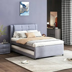 Full Size Upholstery Platform Bed with Trundle,Trundle Can be Flat or Erected, Beige