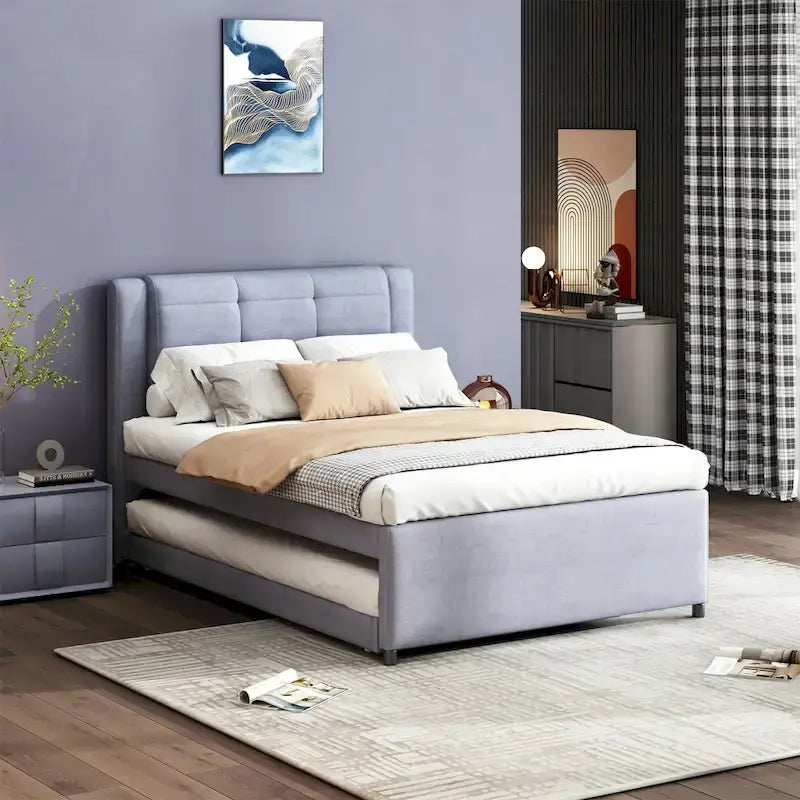 Full Size Upholstery Platform Bed with Trundle,Trundle Can be Flat or Erected, Beige