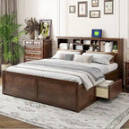 King Solid Wood Bed with Storage Headboard, 2 Drawers & USB Ports