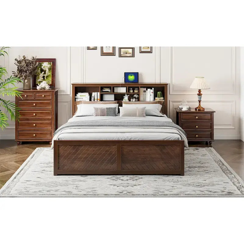 King Solid Wood Bed with Storage Headboard, 2 Drawers & USB Ports