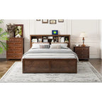 King Solid Wood Bed with Storage Headboard, 2 Drawers & USB Ports