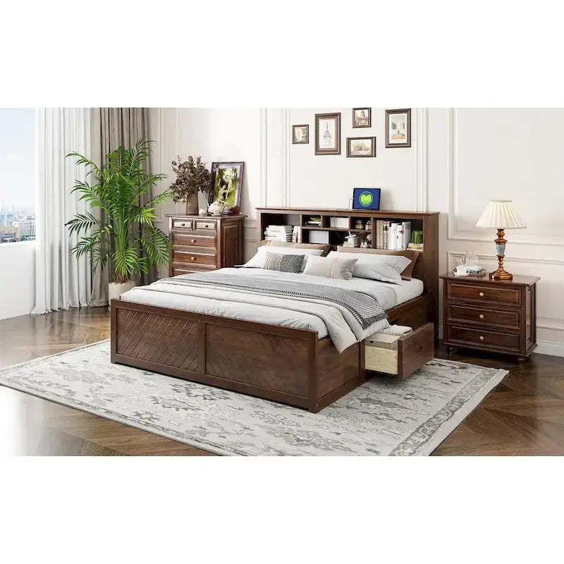 King Solid Wood Bed with Storage Headboard, 2 Drawers & USB Ports