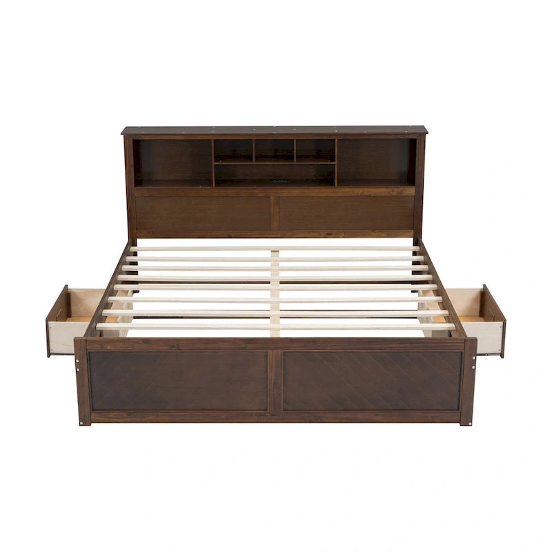 King Solid Wood Bed with Storage Headboard, 2 Drawers & USB Ports