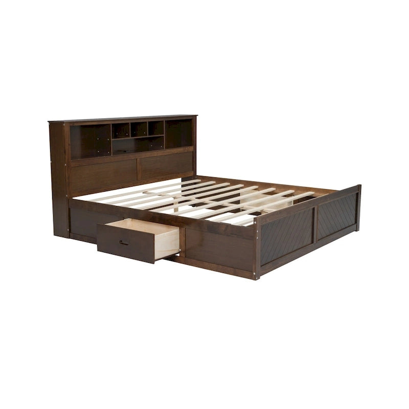 King Solid Wood Bed with Storage Headboard, 2 Drawers & USB Ports