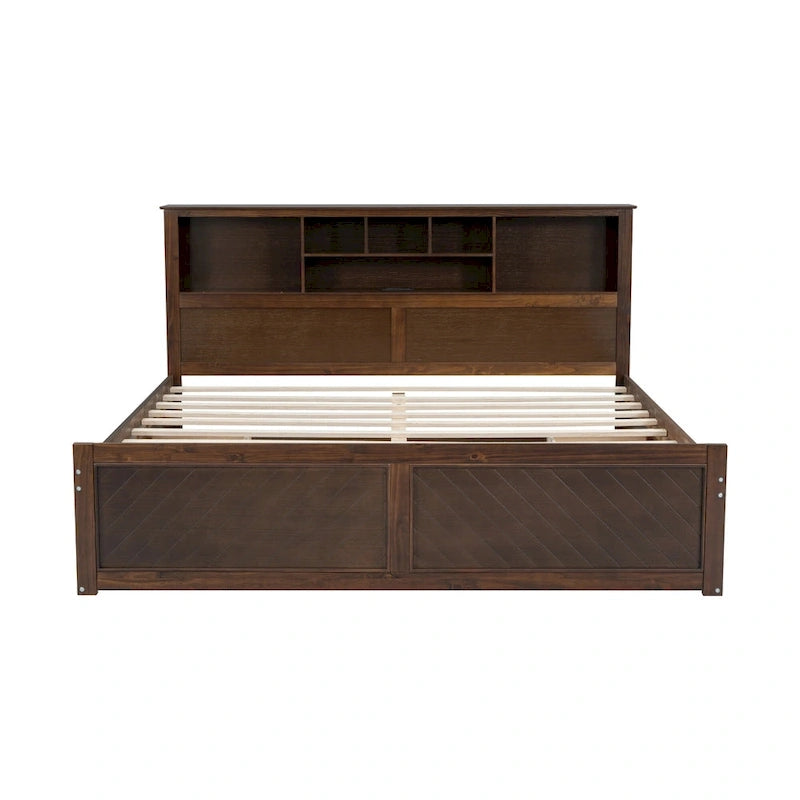 King Solid Wood Bed with Storage Headboard, 2 Drawers & USB Ports