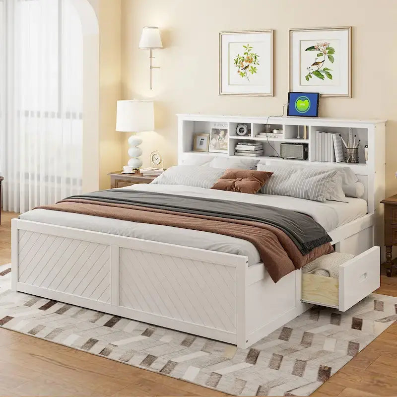 King Solid Wood Bed with Storage Headboard, 2 Drawers & USB Ports