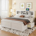 King Solid Wood Bed with Storage Headboard, 2 Drawers & USB Ports