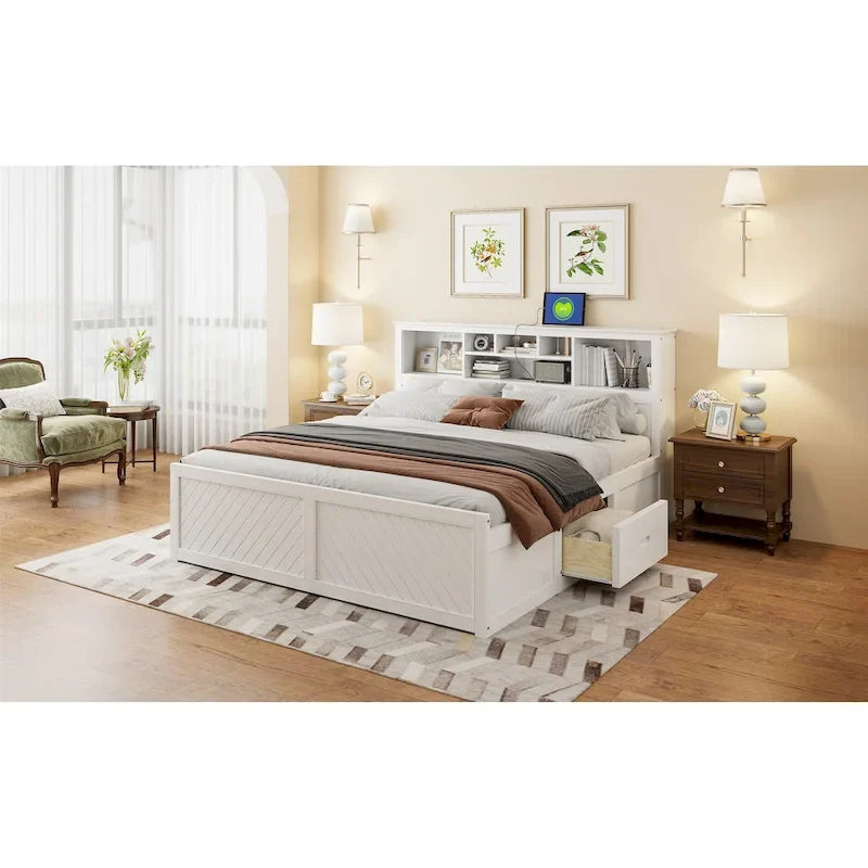 King Solid Wood Bed with Storage Headboard, 2 Drawers & USB Ports
