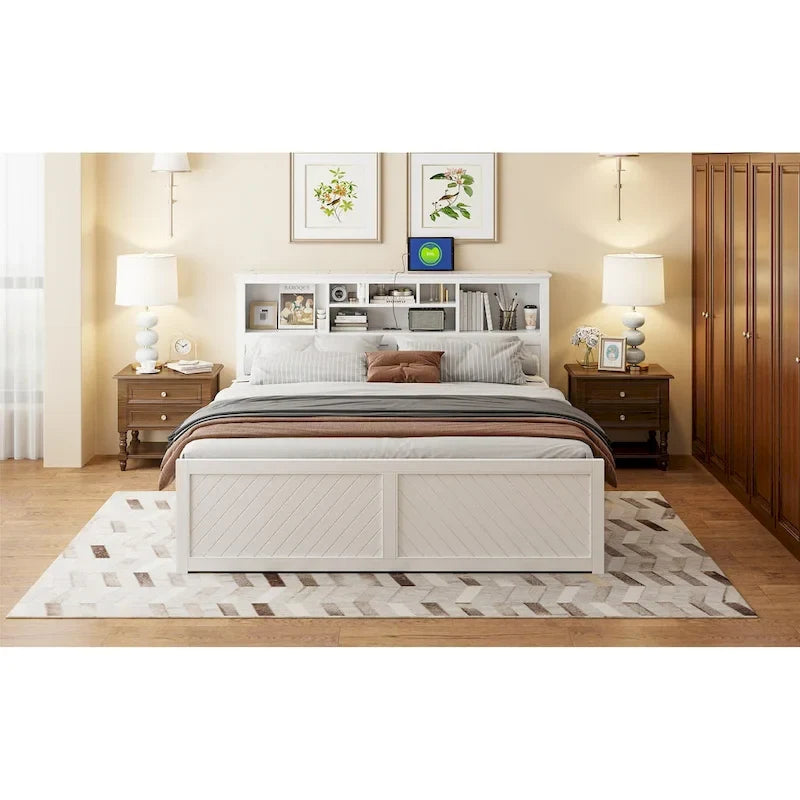 King Solid Wood Bed with Storage Headboard, 2 Drawers & USB Ports