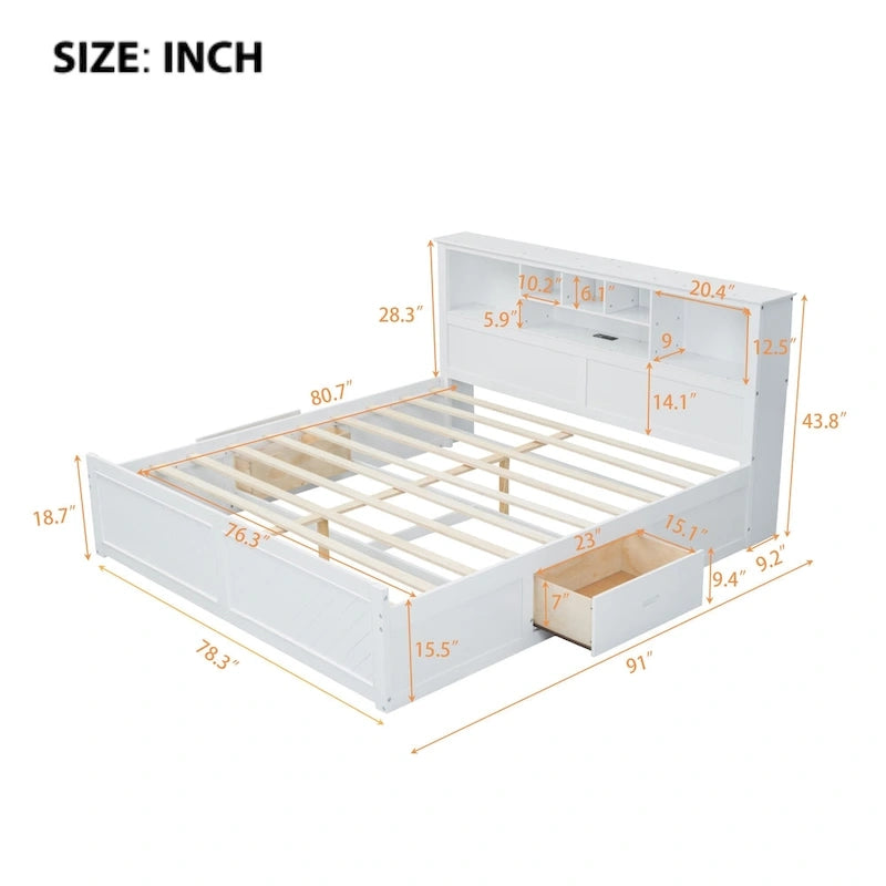 King Solid Wood Bed with Storage Headboard, 2 Drawers & USB Ports