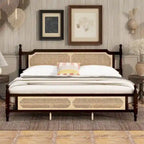 King Platform Bed with Rattan Headboard & Under-Bed Storage