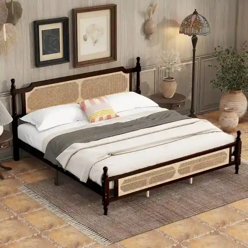 King Platform Bed with Rattan Headboard & Under-Bed Storage
