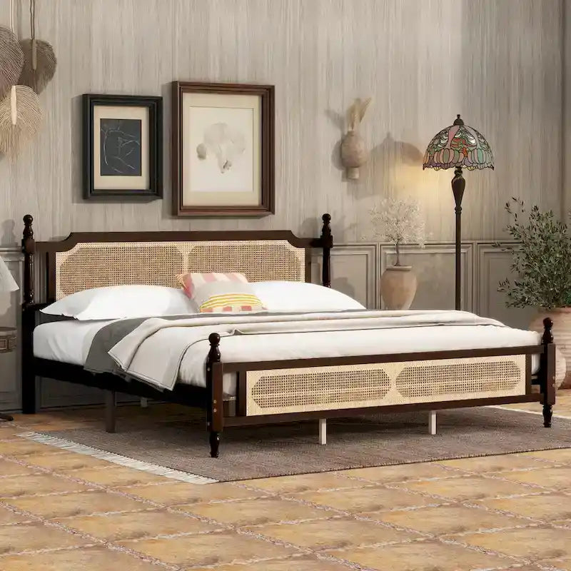 King Platform Bed with Rattan Headboard & Under-Bed Storage