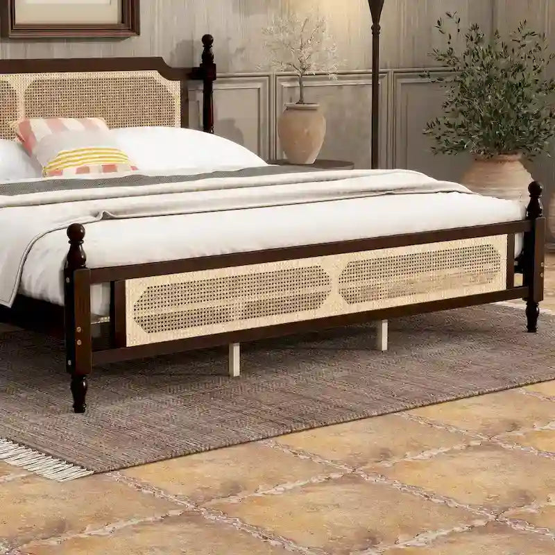 King Platform Bed with Rattan Headboard & Under-Bed Storage