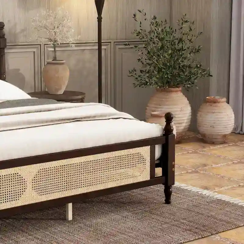 King Platform Bed with Rattan Headboard & Under-Bed Storage