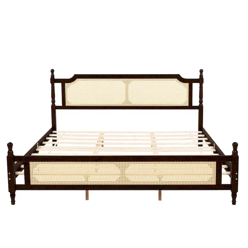 King Platform Bed with Rattan Headboard & Under-Bed Storage