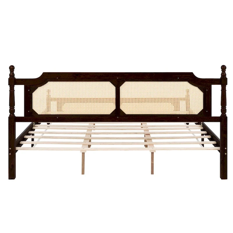 King Platform Bed with Rattan Headboard & Under-Bed Storage