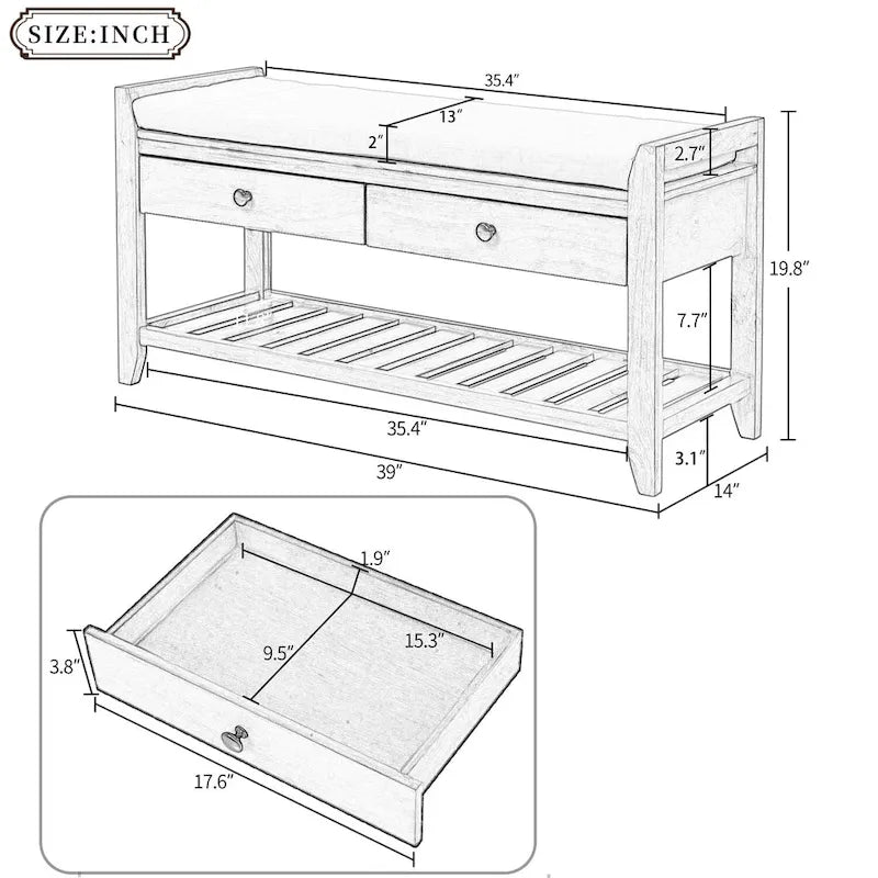 39 Solid Wood Shoe Rack with Cushioned Seat & Drawers, Multipurpose Storage Bench Entryway Ottoman for Living Room,Hallway