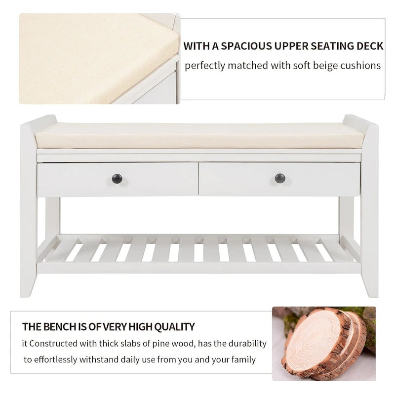 39 Solid Wood Shoe Rack with Cushioned Seat & Drawers, Multipurpose Storage Bench Entryway Ottoman for Living Room,Hallway